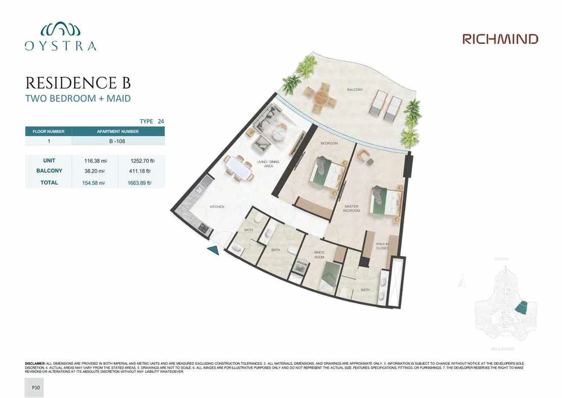 Oystra 2-bedroom Type 24 apartment with maid's room, Apartment B-108, Floor 1, Residence B, 1,663.89 sq ft floor plan.