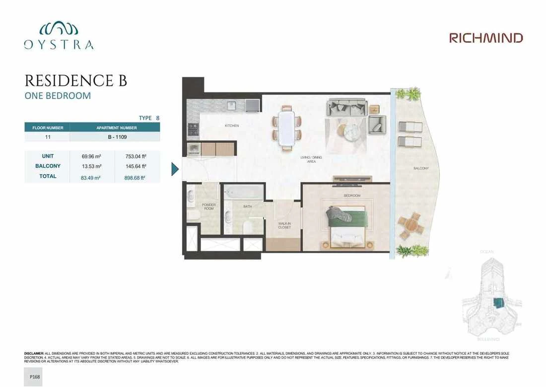 Oystra 1-bedroom Type 8 apartment, Apartment B-1109, Floor 11, Residence B, 898.68 sq ft floor plan.