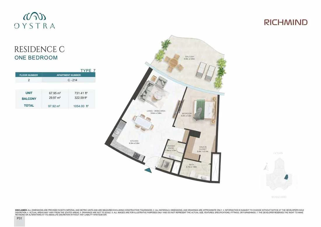 Oystra 1-bedroom Type 7 apartment, Apartment C-214, Floor 2, Residence C, 1,054.00 sq ft floor plan.