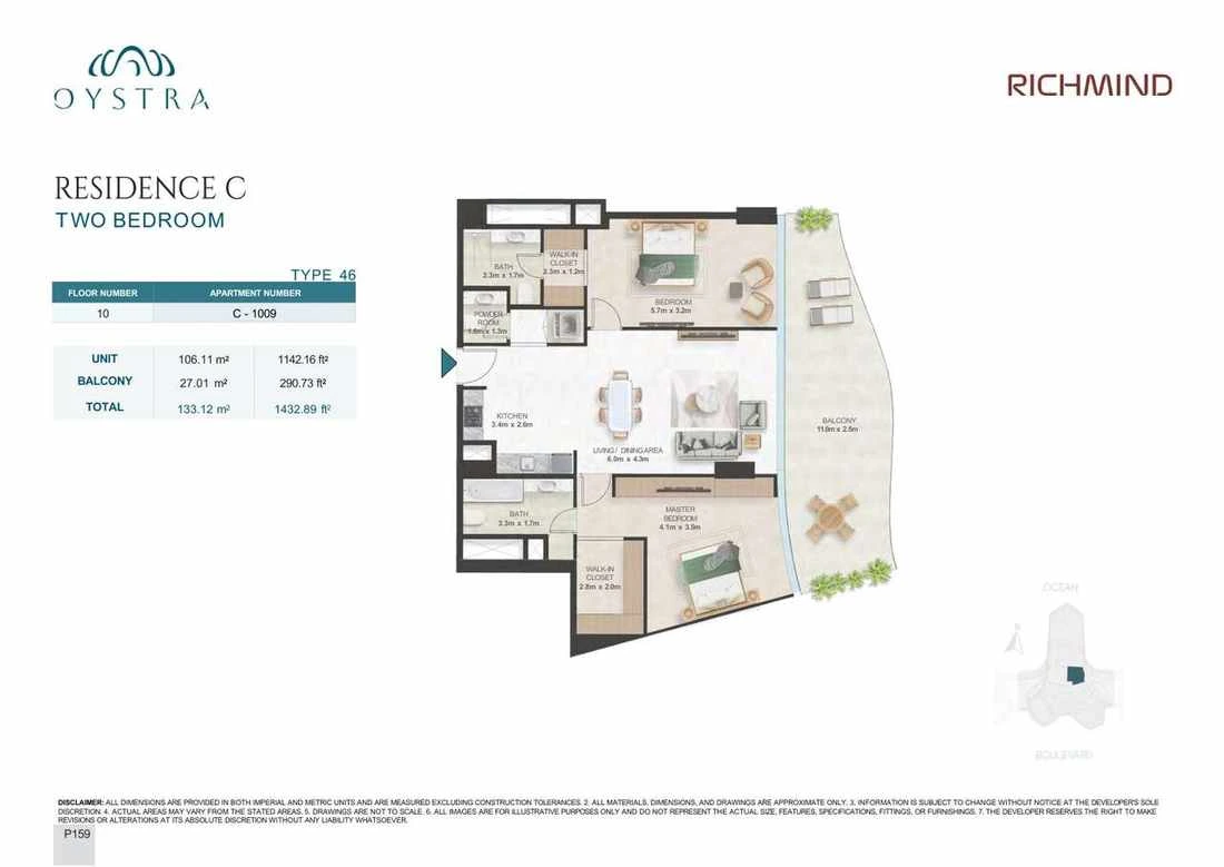 Oystra 2-bedroom Type 46 apartment, Apartment C-1009, Floor 10, Residence C, 1,432.89 sq ft floor plan.