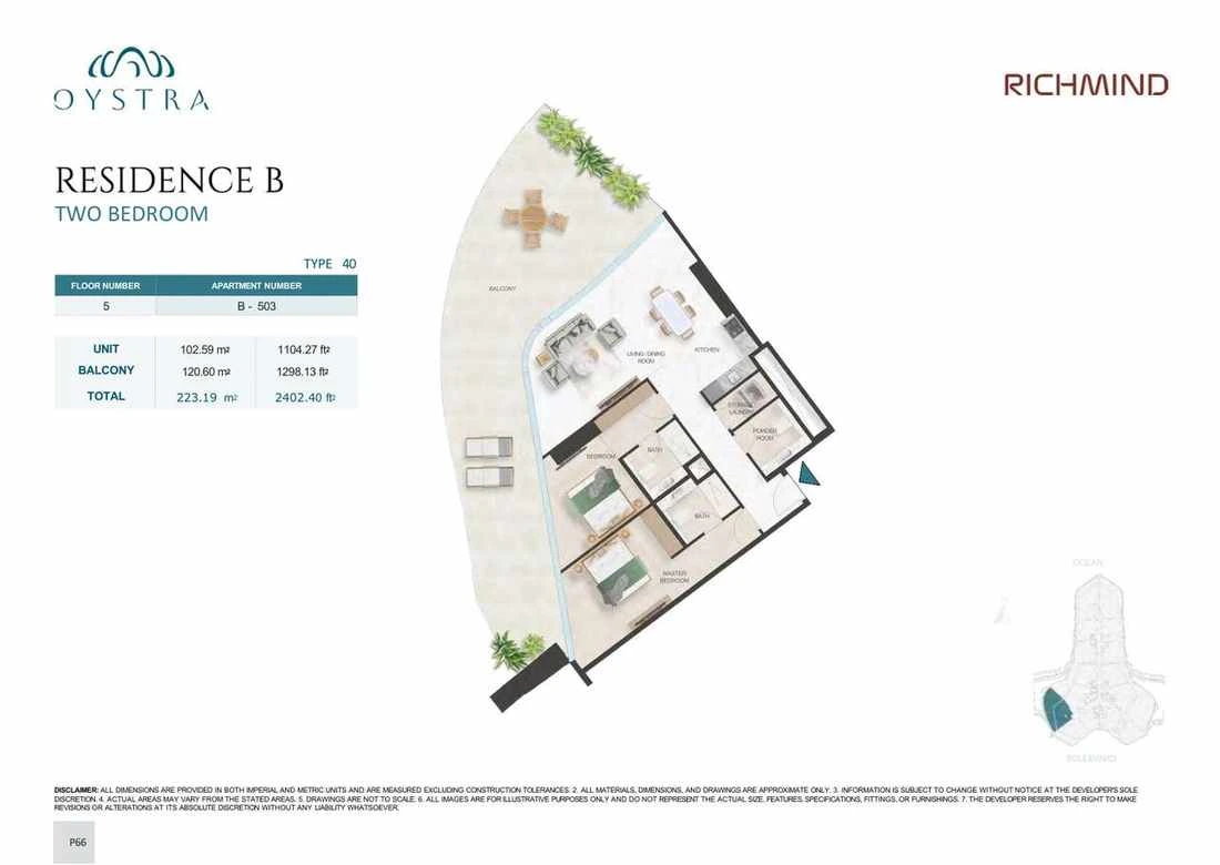 Oystra 2-bedroom Type 40 apartment, Apartment B-503, Floor 5, Residence B, 2,402.40 sq ft floor plan.