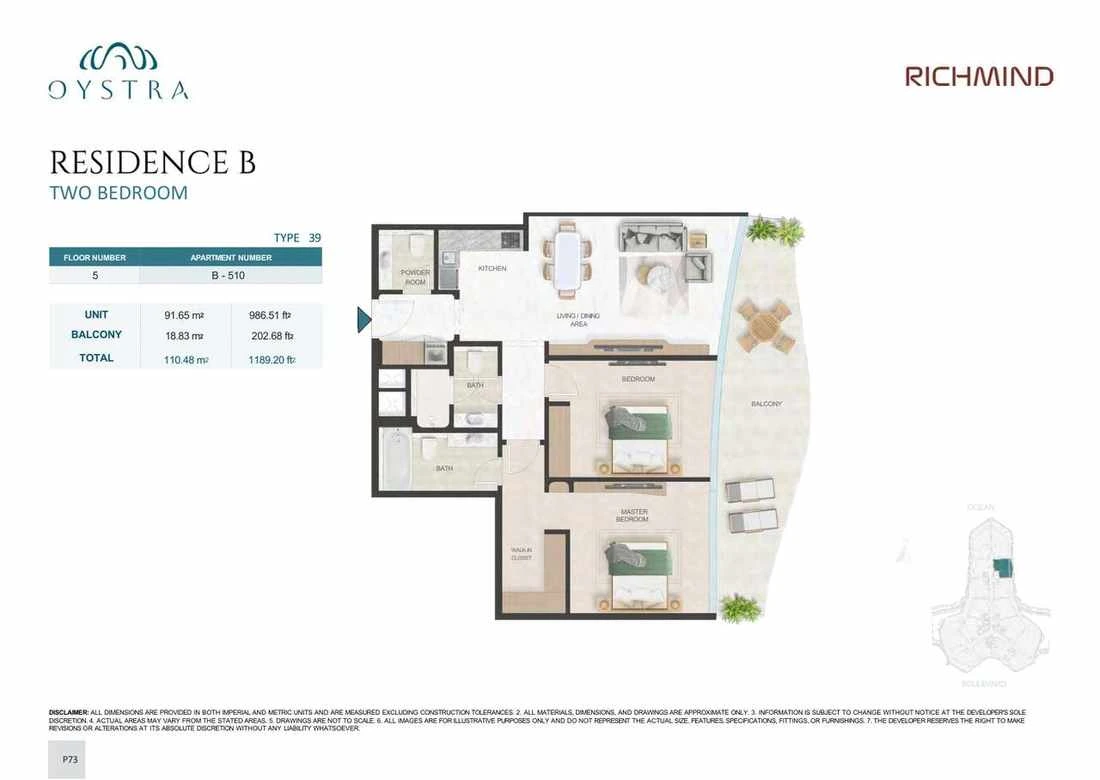 Oystra 2-bedroom Type 39 apartment, Apartment B-510, Floor 5, Residence B, 1,189.20 sq ft floor plan.