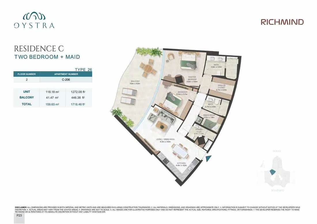 Oystra 2-bedroom Type 26 apartment with maid's room, Apartment C-206, Floor 2, Residence C, 1,718.46 sq ft floor plan.
