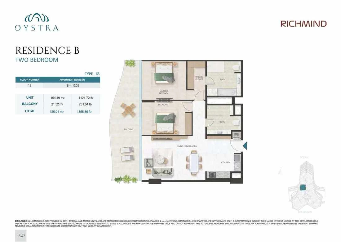 Oystra 2-bedroom Type 65 apartment, Apartment B-1205, Floor 12, Residence B, 1,356.36 sq ft floor plan.