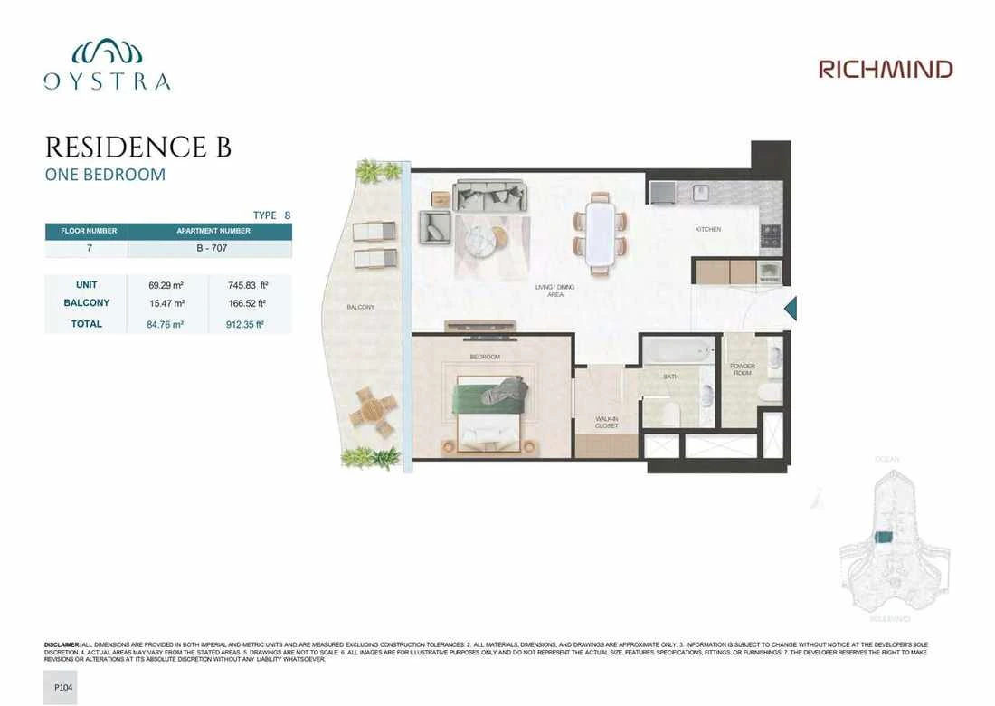 Oystra 1-bedroom Type 8 apartment, Apartment B-707, Floor 7, Residence B, 912.35 sq ft floor plan.