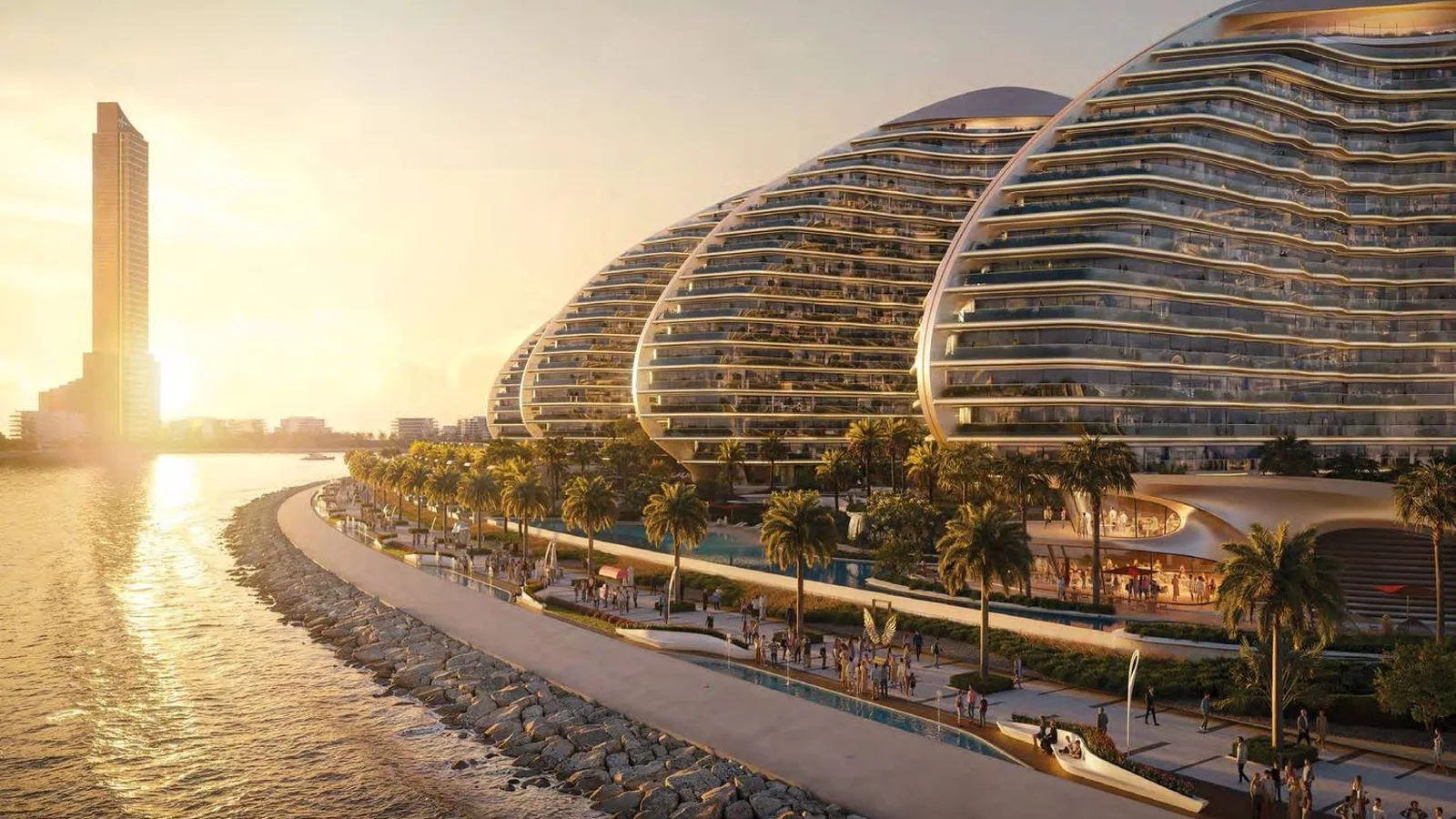 Oystra's sculpted waterfront residences on Al Marjan Island at sunset