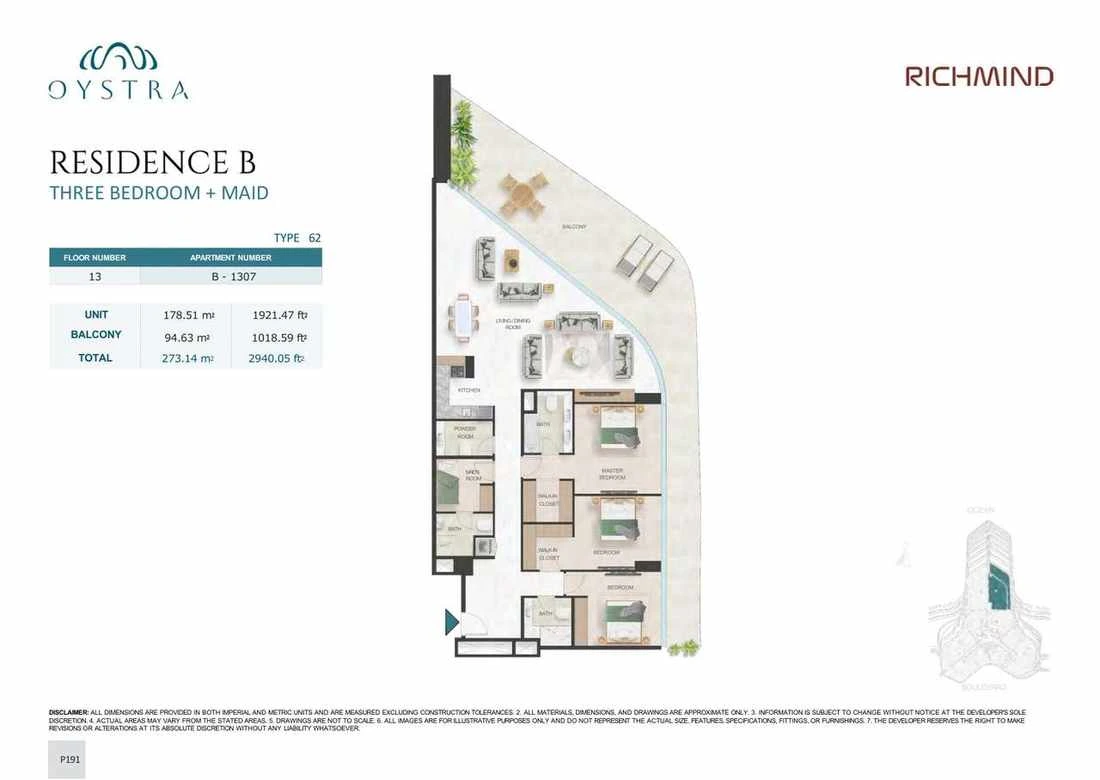 Oystra 3-bedroom Type 62 apartment with maid's room, Apartment B-1307, Floor 13, Residence B, 2,940.05 sq ft floor plan.