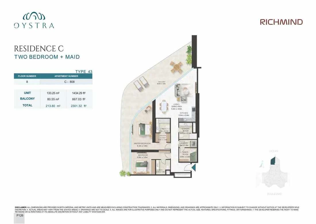 Oystra 2-bedroom Type 43 apartment with maid's room, Apartment C-808, Floor 8, Residence C, 2,301.32 sq ft floor plan.