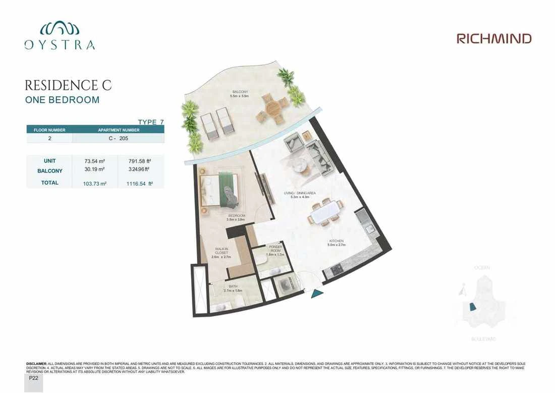 Oystra 1-bedroom Type 7 apartment, Apartment C-205, Floor 2, Residence C, 1,116.54 sq ft floor plan.