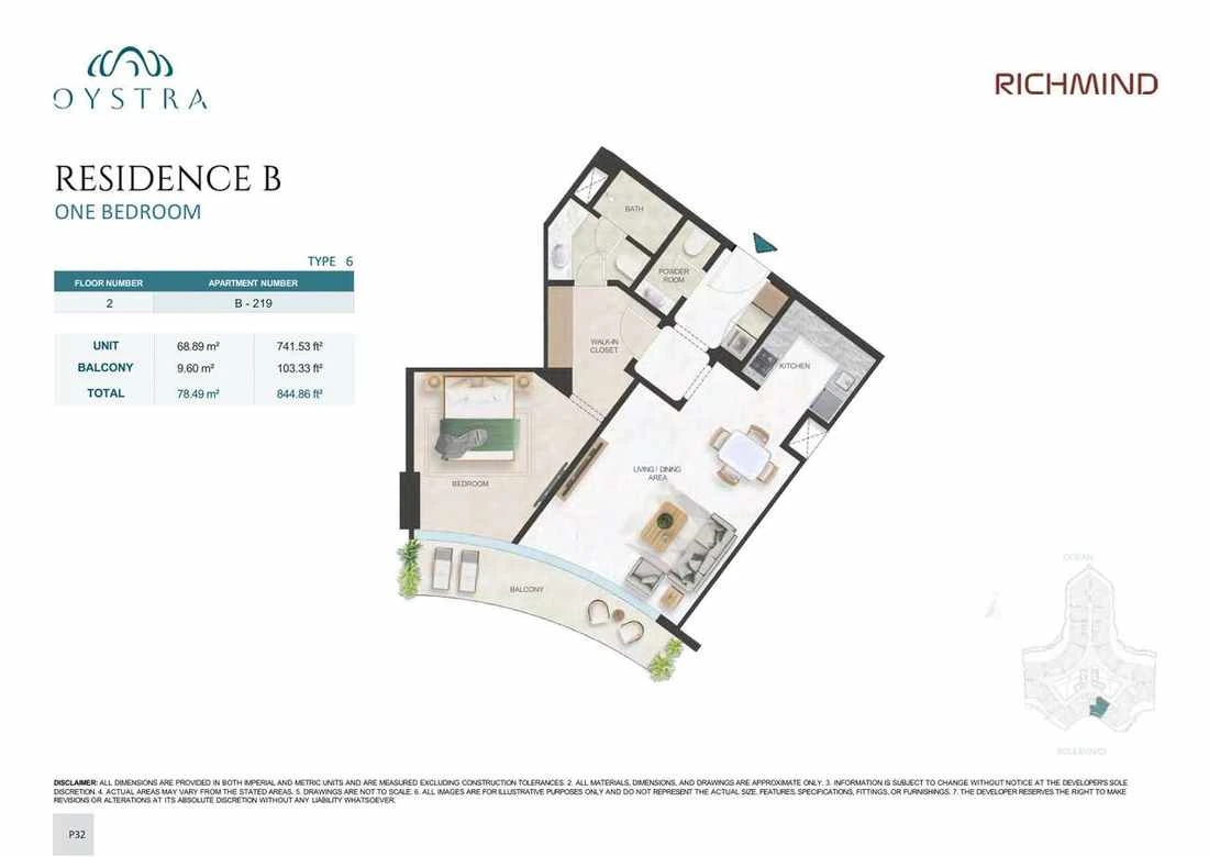 Oystra 1-bedroom Type 6 apartment, Apartment B-219, Floor 2, Residence B, 844.86 sq ft floor plan.