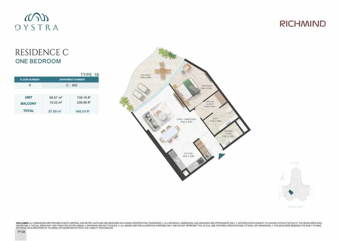 Oystra 1-bedroom Type 18 apartment, Apartment C-903, Floor 9, Residence C, 946.04 sq ft floor plan.