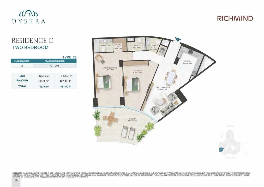 Oystra 2-bedroom Type 22 apartment, Apartment C-203, Floor 2, Residence C, 1,781.00 sq ft floor plan.