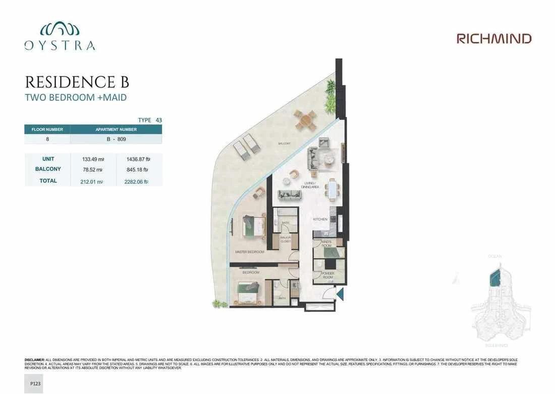 Oystra 2-bedroom Type 43 apartment with maid's room, Apartment B-809, Floor 8, Residence B, 2,282.06 sq ft floor plan.