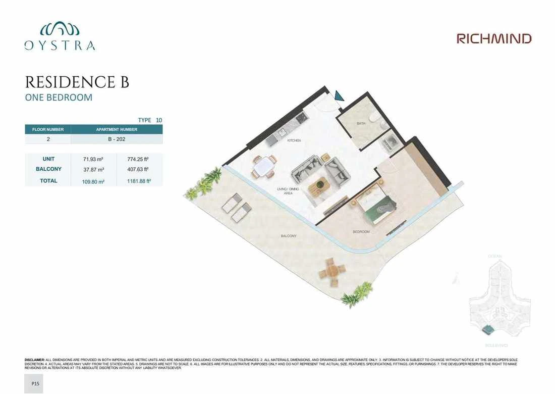 Oystra 1-bedroom Type 10 apartment, Apartment B-202, Floor 2, Residence B, 1,181.88 sq ft floor plan.