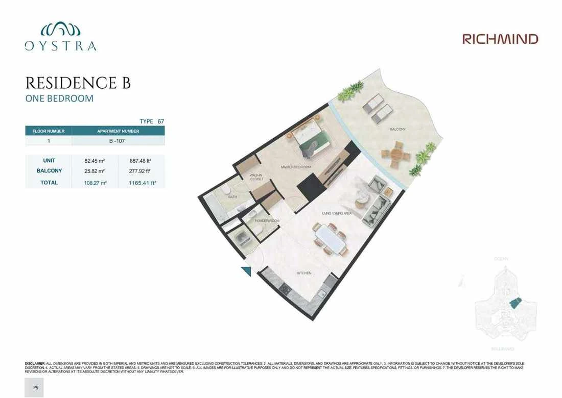 Oystra 1-bedroom Type 67 apartment, Apartment B-107, Floor 1, Residence B, 1,165.41 sq ft floor plan.