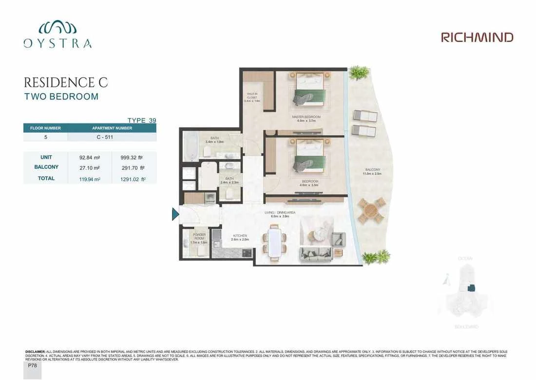 Oystra 2-bedroom Type 39 apartment, Apartment C-511, Floor 5, Residence C, 1,291.02 sq ft floor plan.