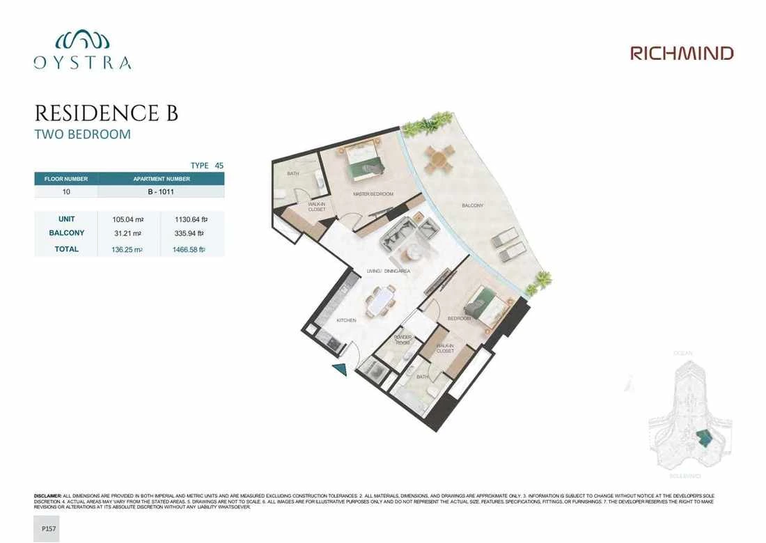 Oystra 2-bedroom Type 45 apartment, Apartment B-1011, Floor 10, Residence B, 1,466.58 sq ft floor plan.