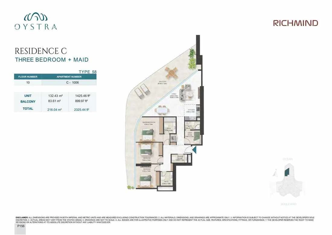 Oystra 3-bedroom Type 58 apartment with maid's room, Apartment C-1006, Floor 10, Residence C, 2,325.44 sq ft floor plan.