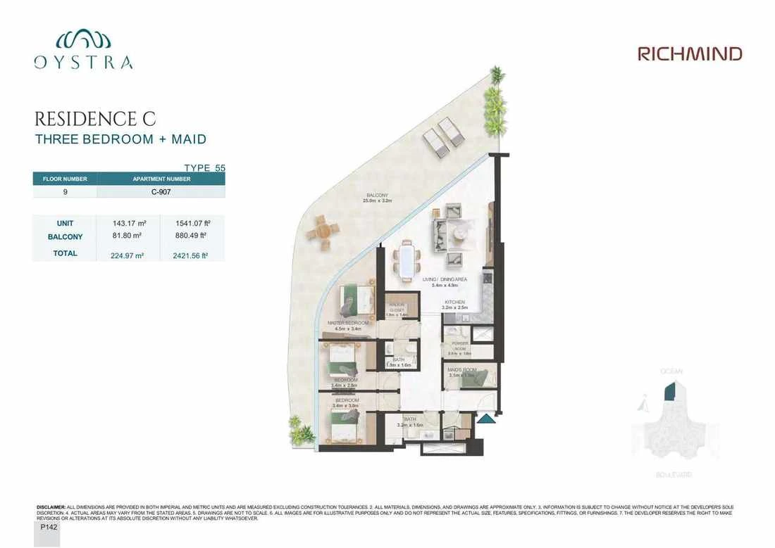 Oystra 3-bedroom Type 55 apartment with maid's room, Apartment C-907, Floor 9, Residence C, 2,421.56 sq ft floor plan.