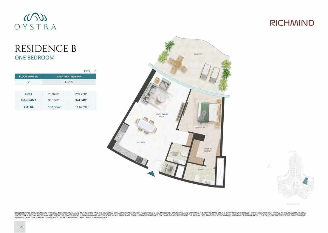 Oystra 1-bedroom Type 7 apartment, Apartment B-215, Floor 2, Residence B, 1,114.39 sq ft floor plan.