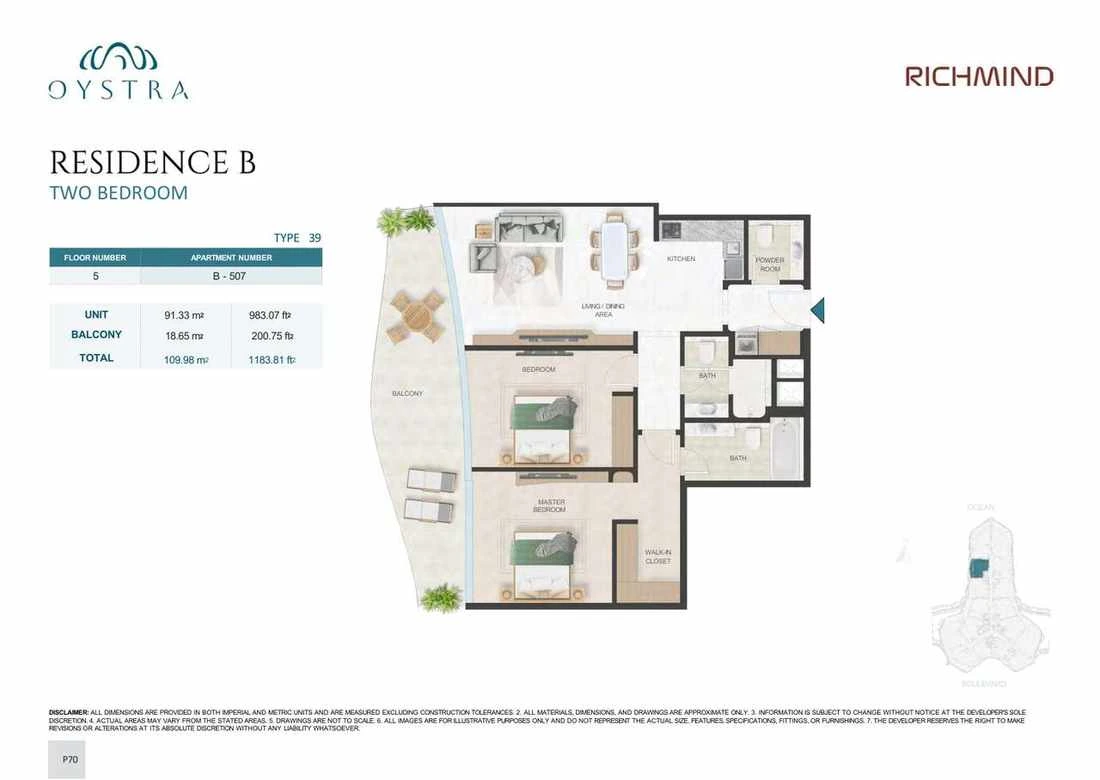 Oystra 2-bedroom Type 39 apartment, Apartment B-507, Floor 5, Residence B, 1,183.81 sq ft floor plan.
