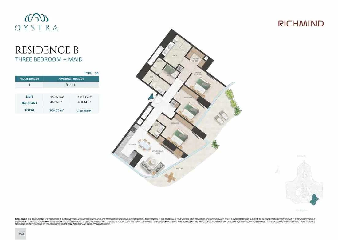 Oystra 3-bedroom Type 54 apartment with maid's room, Apartment B-111, Floor 1, Residence B, 2,204.99 sq ft floor plan.