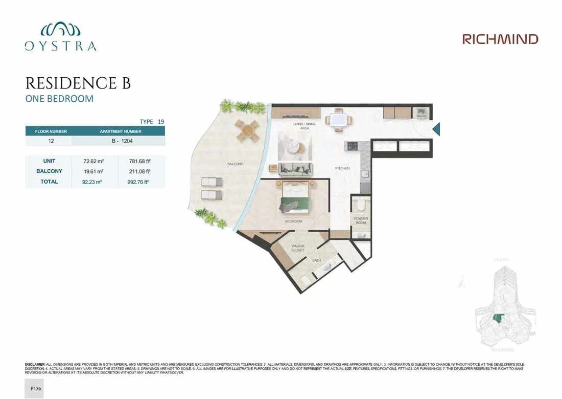 Oystra 1-bedroom Type 19 apartment, Apartment B-1204, Floor 12, Residence B, 992.76 sq ft floor plan.