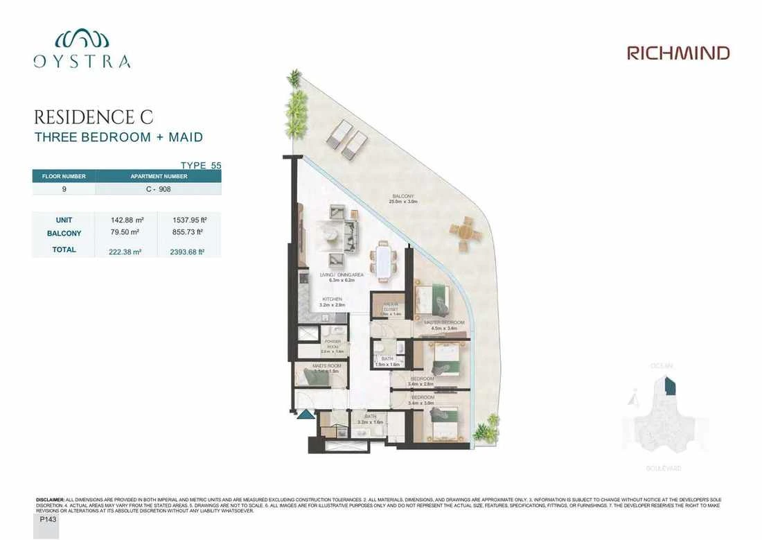 Oystra 3-bedroom Type 55 apartment with maid's room, Apartment C-908, Floor 9, Residence C, 2,393.68 sq ft floor plan.
