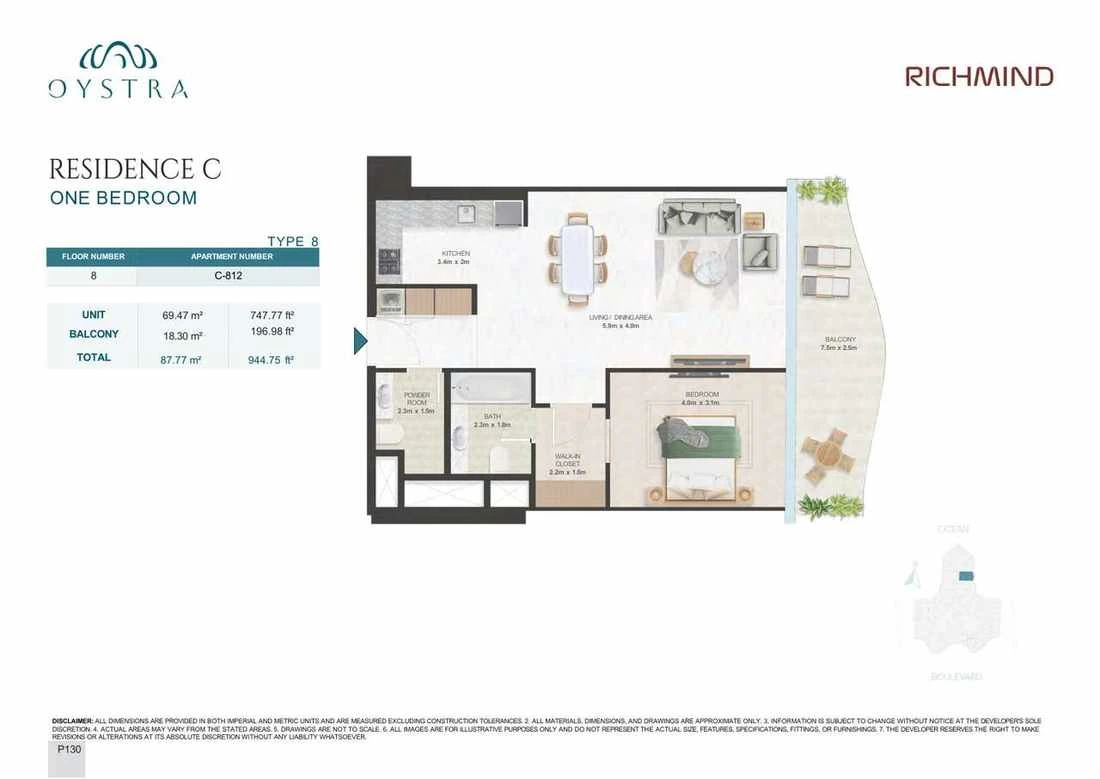 Oystra 1-bedroom Type 8 apartment, Apartment C-812, Floor 8, Residence C, 944.75 sq ft floor plan.