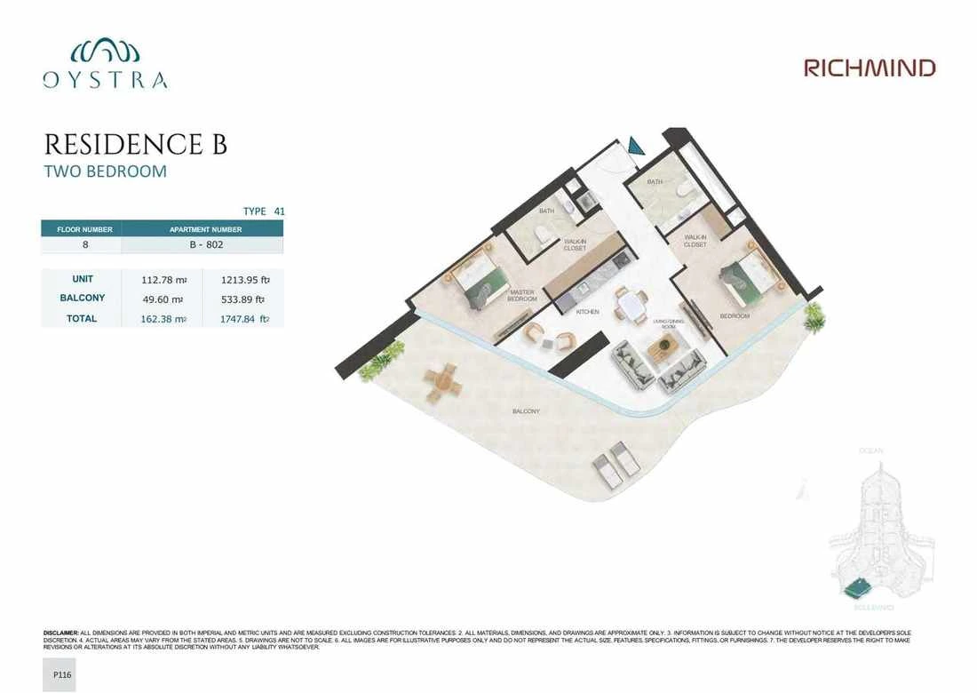 Oystra 2-bedroom Type 41 apartment, Apartment B-802, Floor 8, Residence B, 1,747.84 sq ft floor plan.