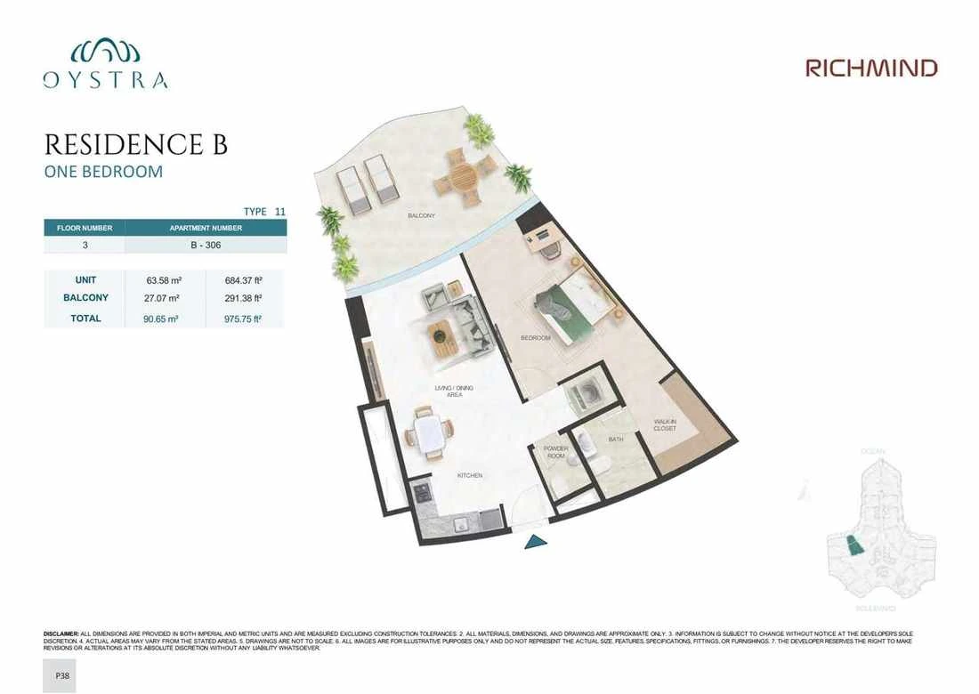 Oystra 1-bedroom Type 11 apartment, Apartment B-306, Floor 3, Residence B, 975.75 sq ft floor plan.