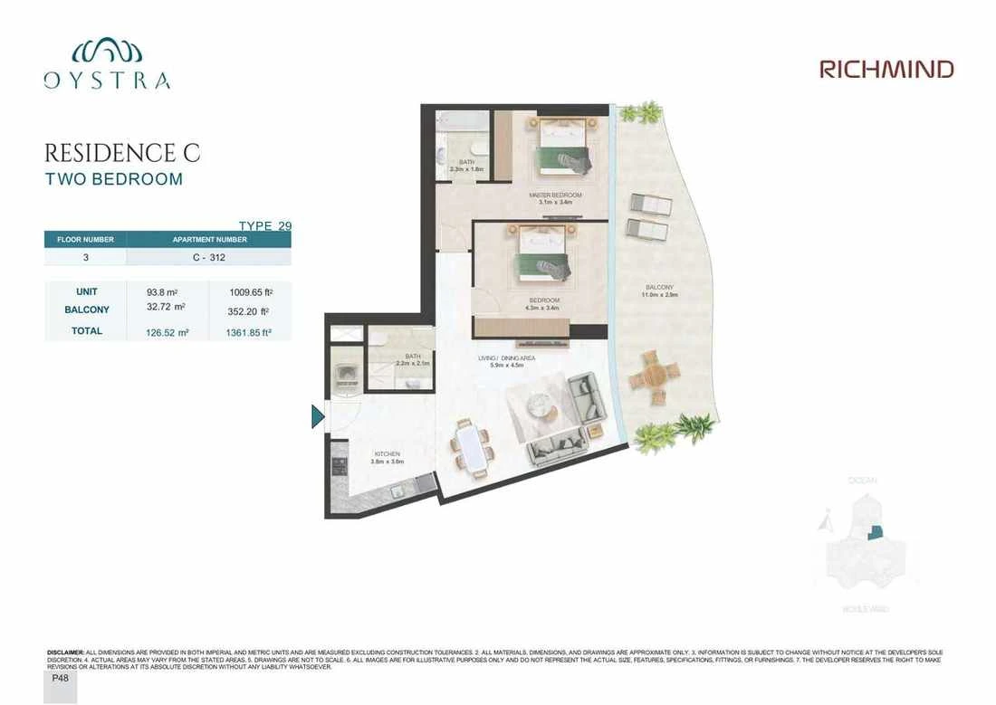 Oystra 2-bedroom Type 29 apartment, Apartment C-312, Floor 3, Residence C, 1,361.85 sq ft floor plan.