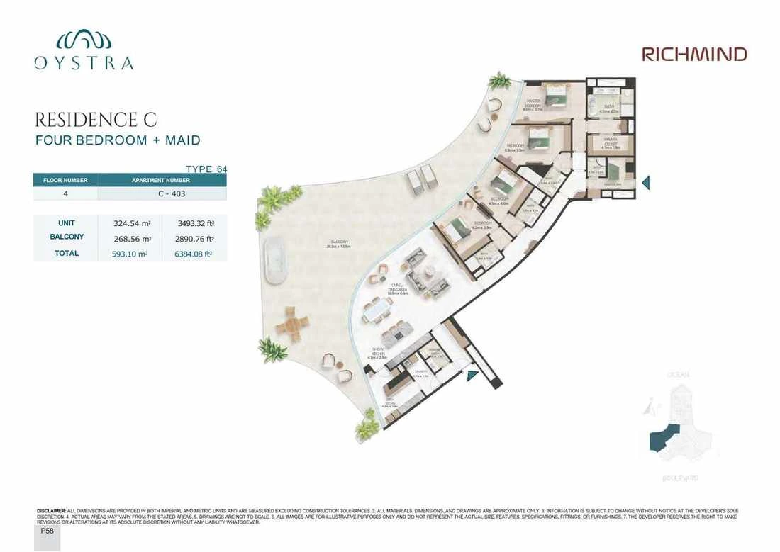 Oystra 4-bedroom Type 64 apartment with maid's room, Apartment C-403, Floor 4, Residence C, 6,384.08 sq ft floor plan.