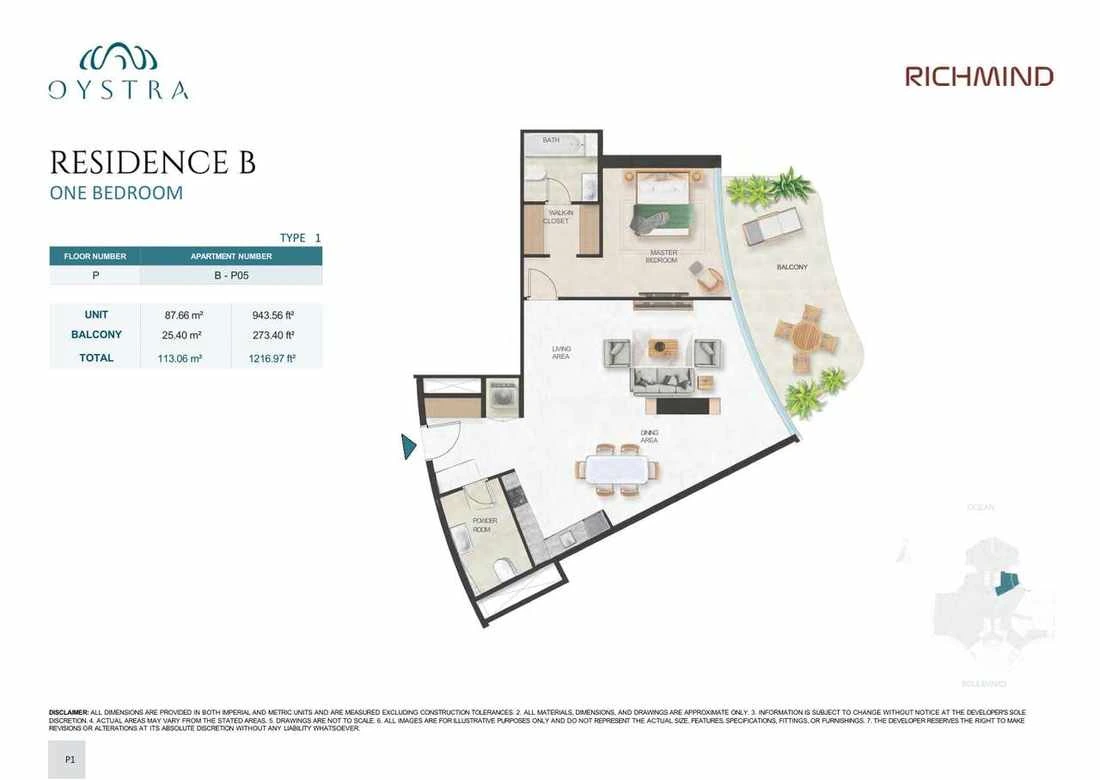 Oystra 1-bedroom Type 1 apartment, Apartment B-P05, Podium, Residence B, 1,216.97 sq ft floor plan.