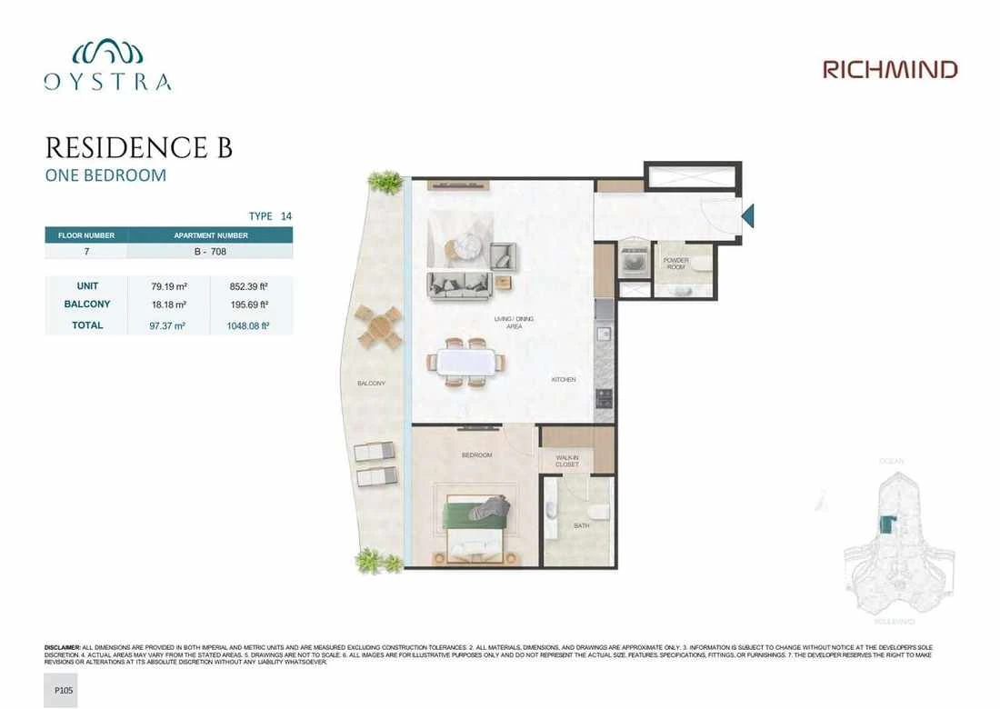 Oystra 1-bedroom Type 14 apartment, Apartment B-708, Floor 7, Residence B, 1,048.08 sq ft floor plan.