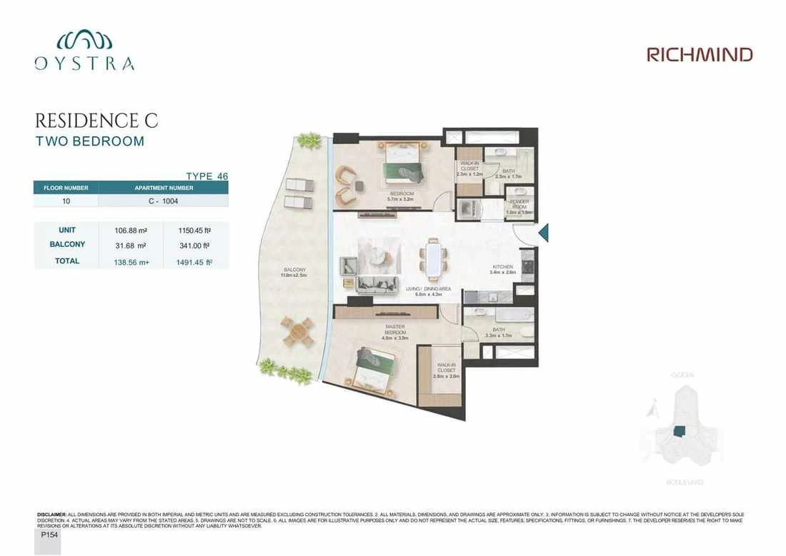 Oystra 2-bedroom Type 46 apartment, Apartment C-1004, Floor 10, Residence C, 1,491.45 sq ft floor plan.