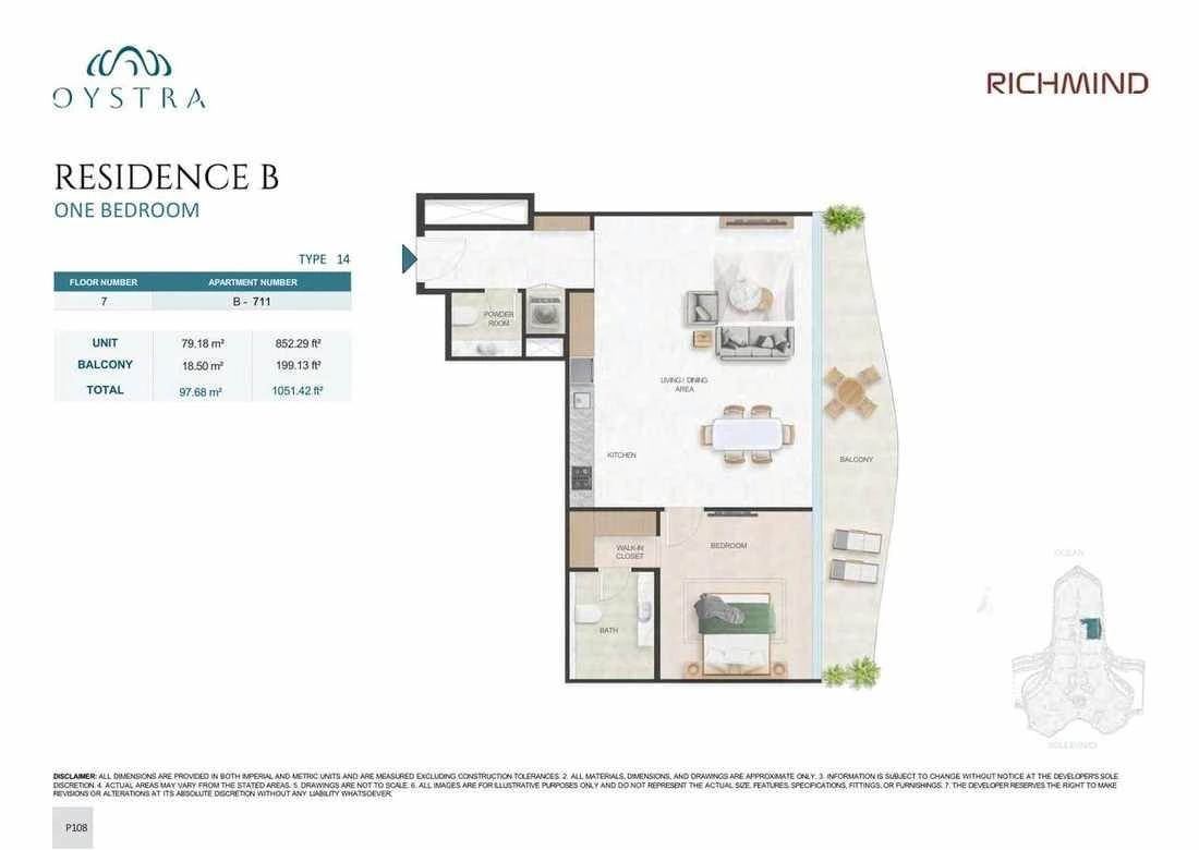 Oystra 1-bedroom Type 14 apartment, Apartment B-711, Floor 7, Residence B, 1,051.42 sq ft floor plan.
