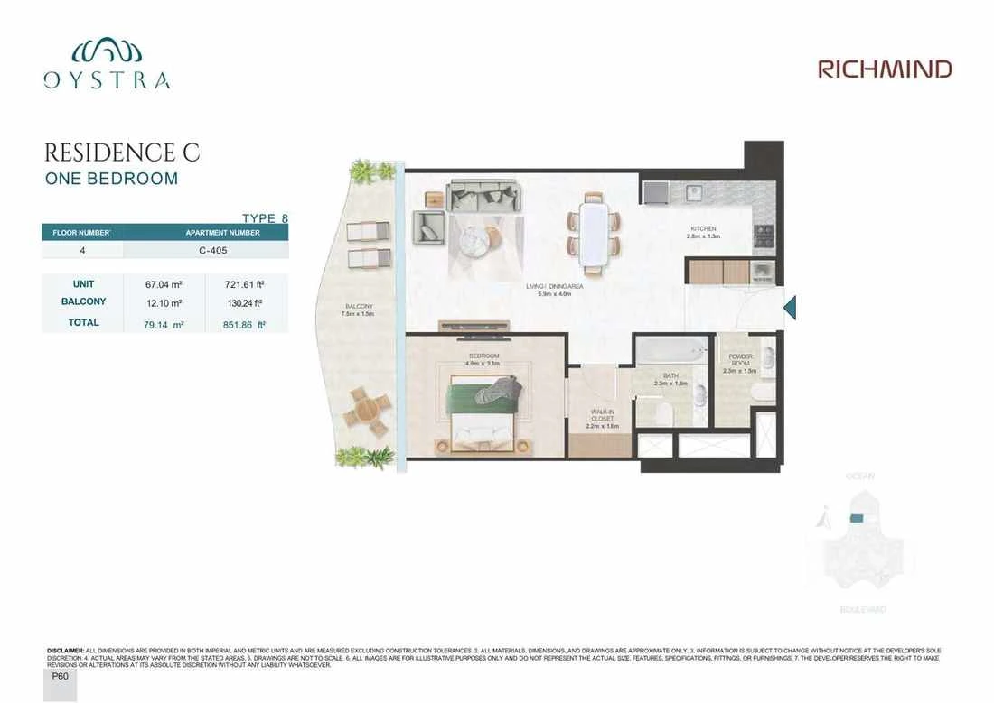 Oystra 1-bedroom Type 8 apartment, Apartment C-405, Floor 4, Residence C, 851.86 sq ft floor plan.