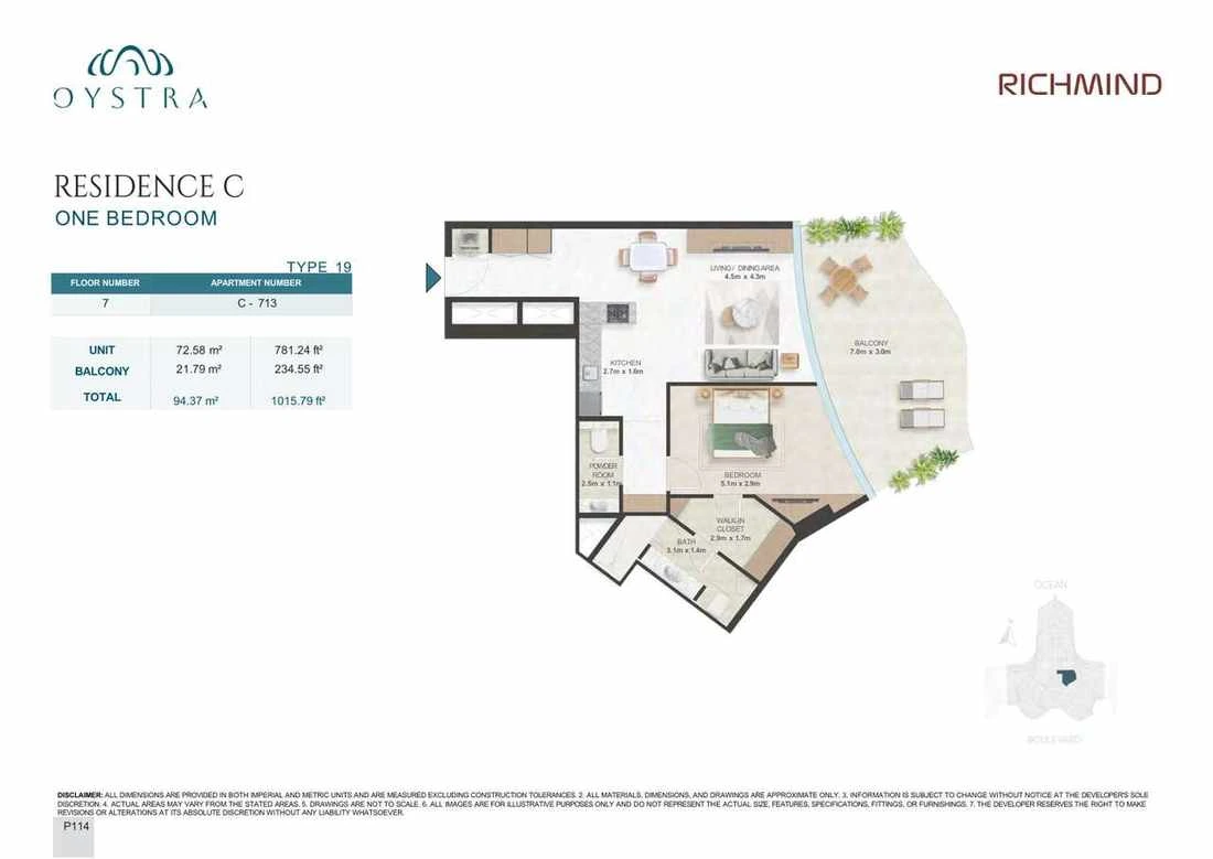 Oystra 1-bedroom Type 19 apartment, Apartment C-713, Floor 7, Residence C, 1,015.79 sq ft floor plan.
