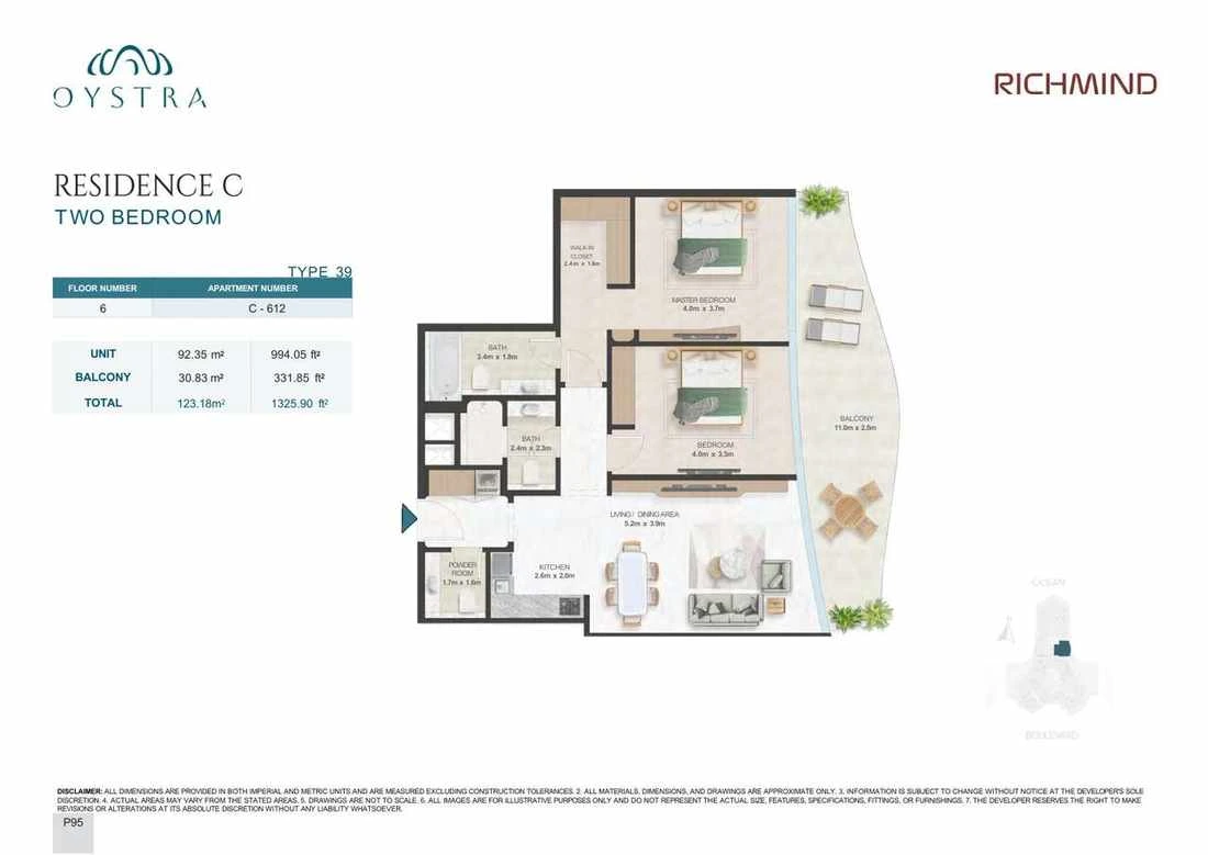 Oystra 2-bedroom Type 39 apartment, Apartment C-612, Floor 6, Residence C, 1,325.90 sq ft floor plan.