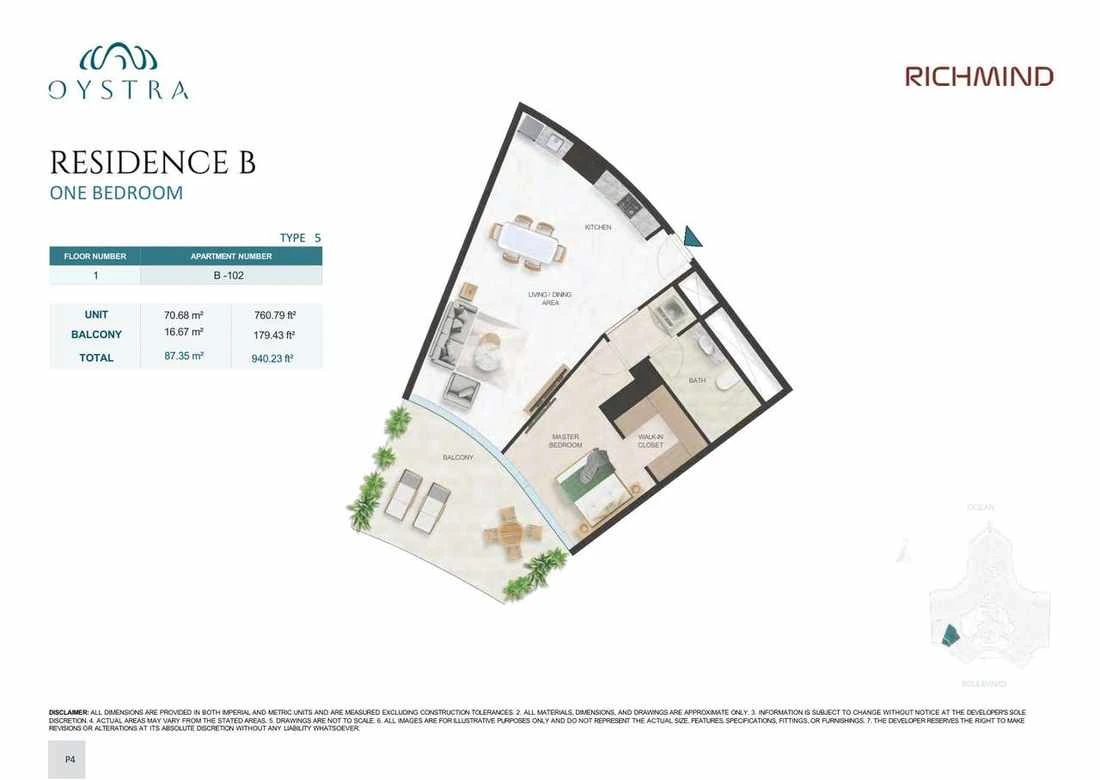 Oystra 1-bedroom Type 5 apartment, Apartment B-102, Floor 1, Residence B, 940.23 sq ft floor plan.