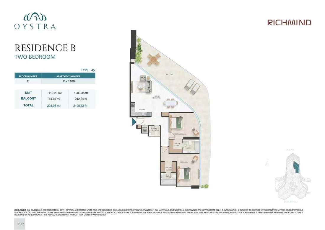 Oystra 2-bedroom Type 45 apartment, Apartment B-1108, Floor 11, Residence B, 2,195.62 sq ft floor plan.