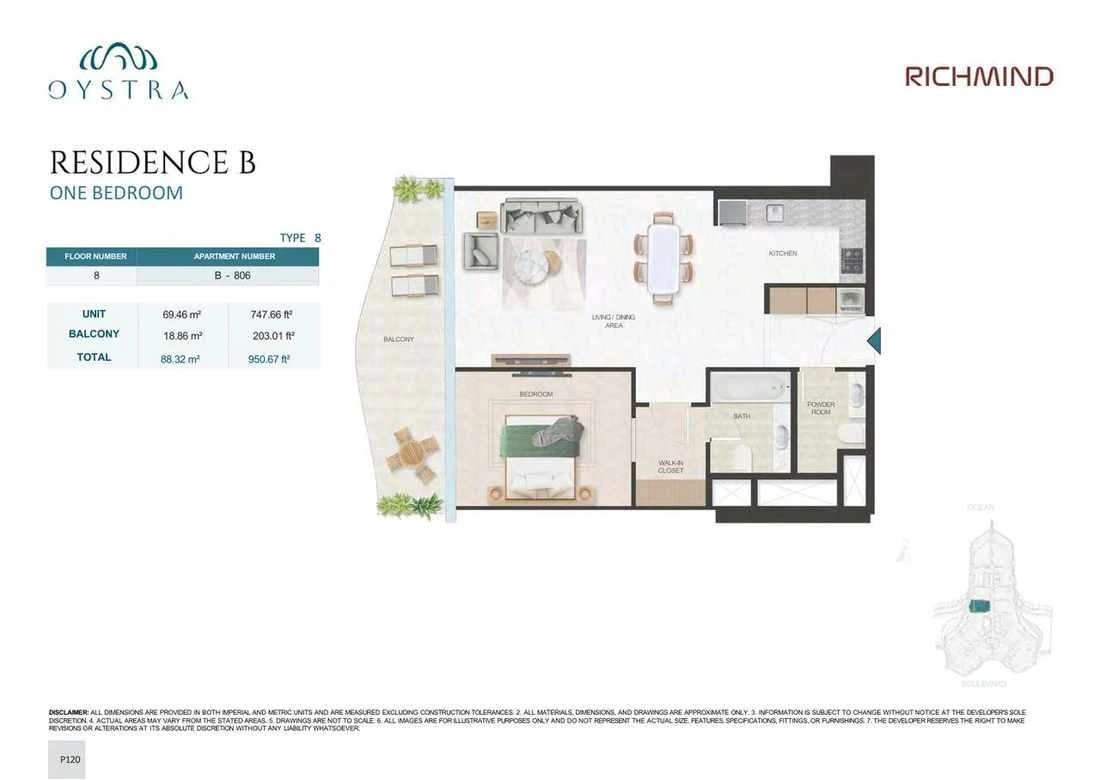 Oystra 1-bedroom Type 8 apartment, Apartment B-806, Floor 8, Residence B, 950.67 sq ft floor plan.