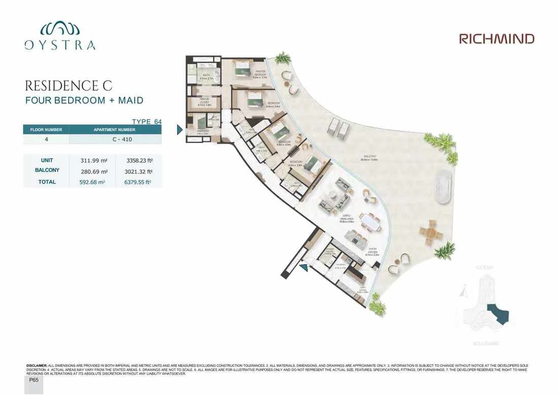 Oystra 4-bedroom Type 64 apartment with maid's room, Apartment C-410, Floor 4, Residence C, 6,379.55 sq ft floor plan.