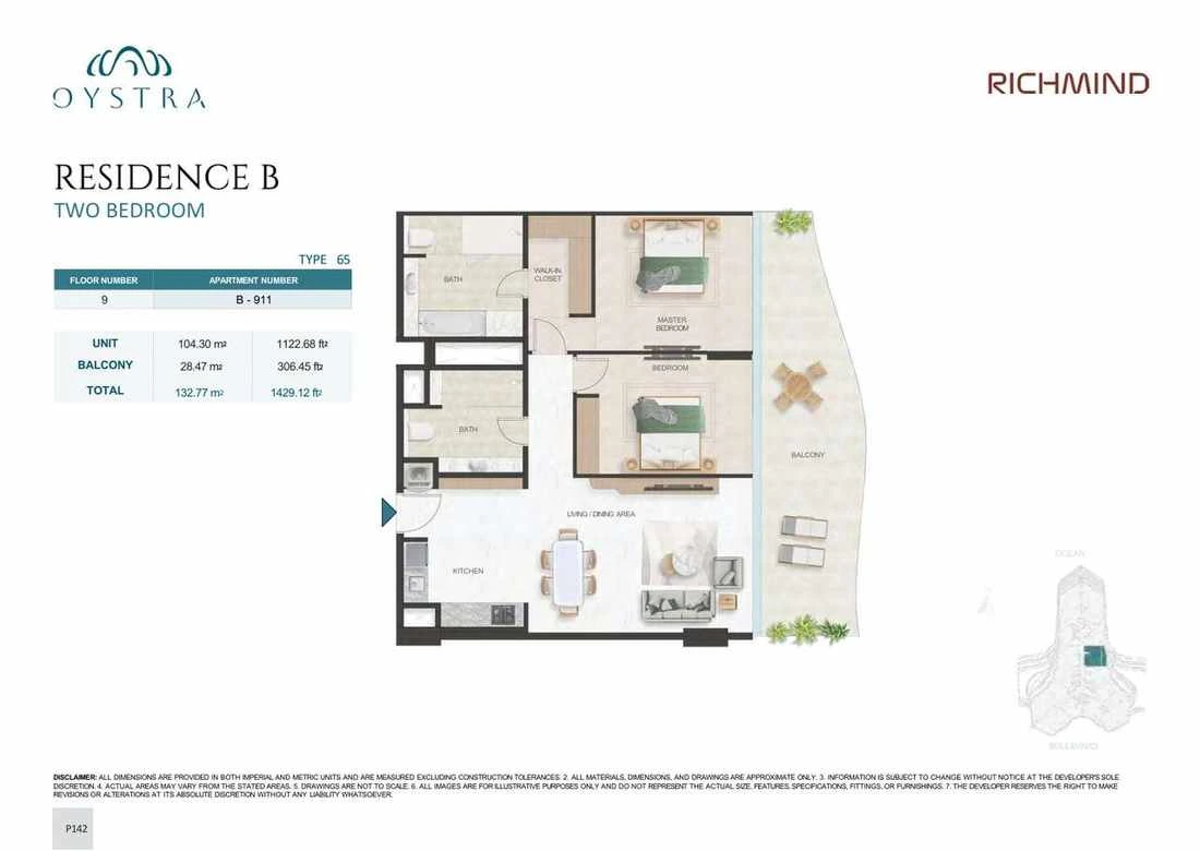 Oystra 2-bedroom Type 65 apartment, Apartment B-911, Floor 9, Residence B, 1,429.12 sq ft floor plan.