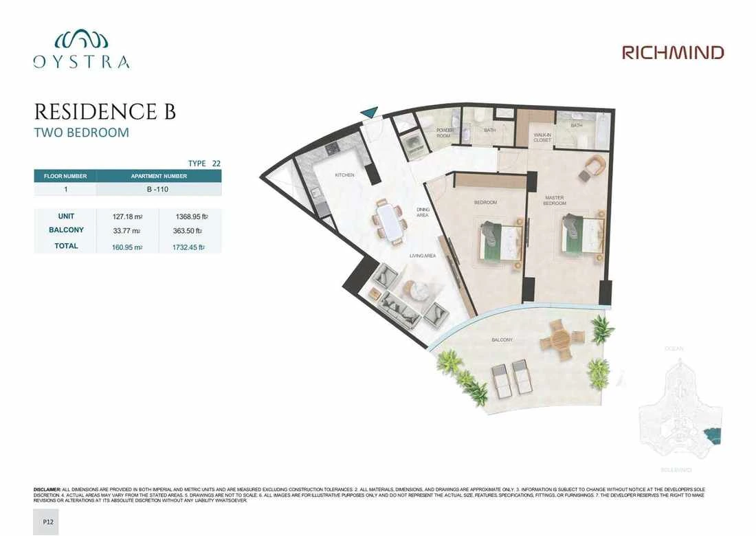 Oystra 2-bedroom Type 22 apartment, Apartment B-110, Floor 1, Residence B, 1,732.45 sq ft floor plan.
