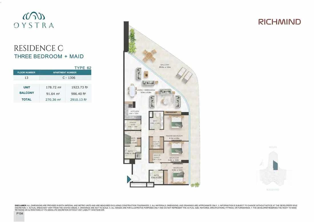 Oystra 3-bedroom Type 62 apartment with maid's room, Apartment C-1306, Floor 13, Residence C, 2,910.13 sq ft floor plan.