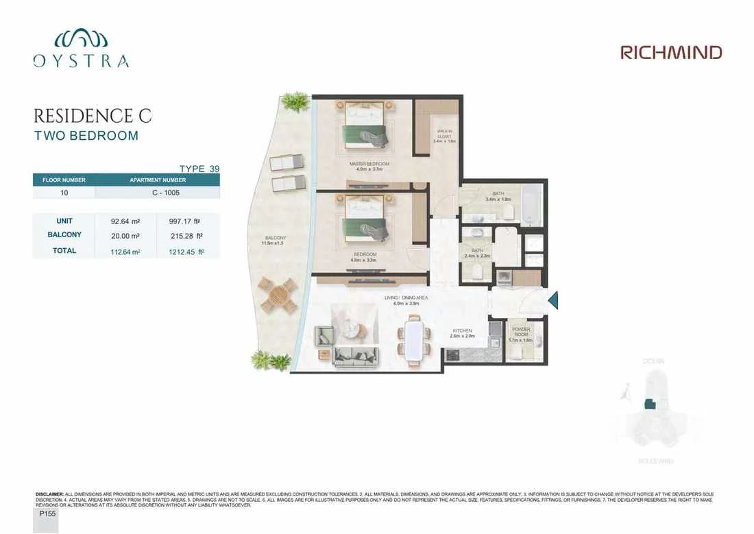 Oystra 2-bedroom Type 39 apartment, Apartment C-1005, Floor 10, Residence C, 1,212.45 sq ft floor plan.