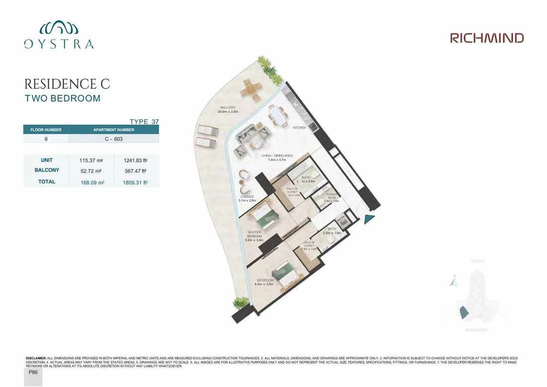 Oystra 2-bedroom Type 37 apartment, Apartment C-603, Floor 6, Residence C, 1,809.31 sq ft floor plan.