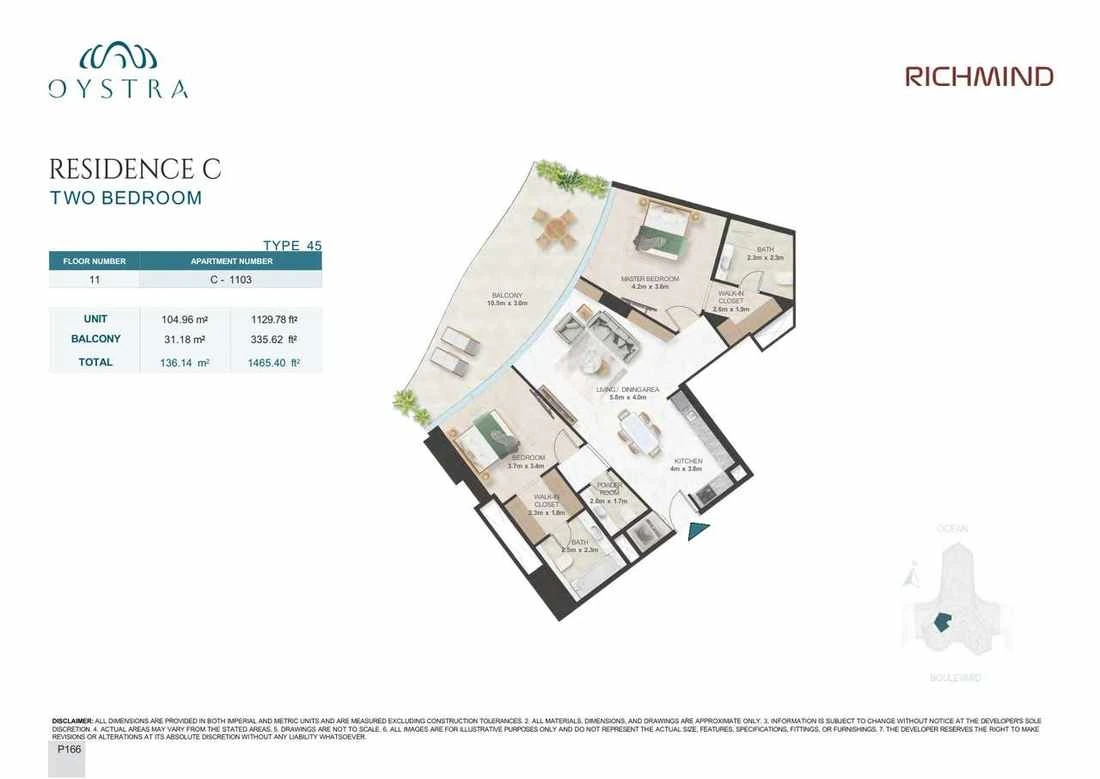 Oystra 2-bedroom Type 45 apartment, Apartment C-1103, Floor 11, Residence C, 1,465.40 sq ft floor plan.